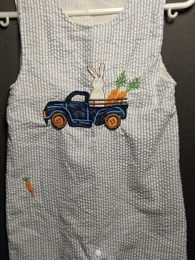 Blue Striped Baby One-Piece with Embroidered Bunny & Truck